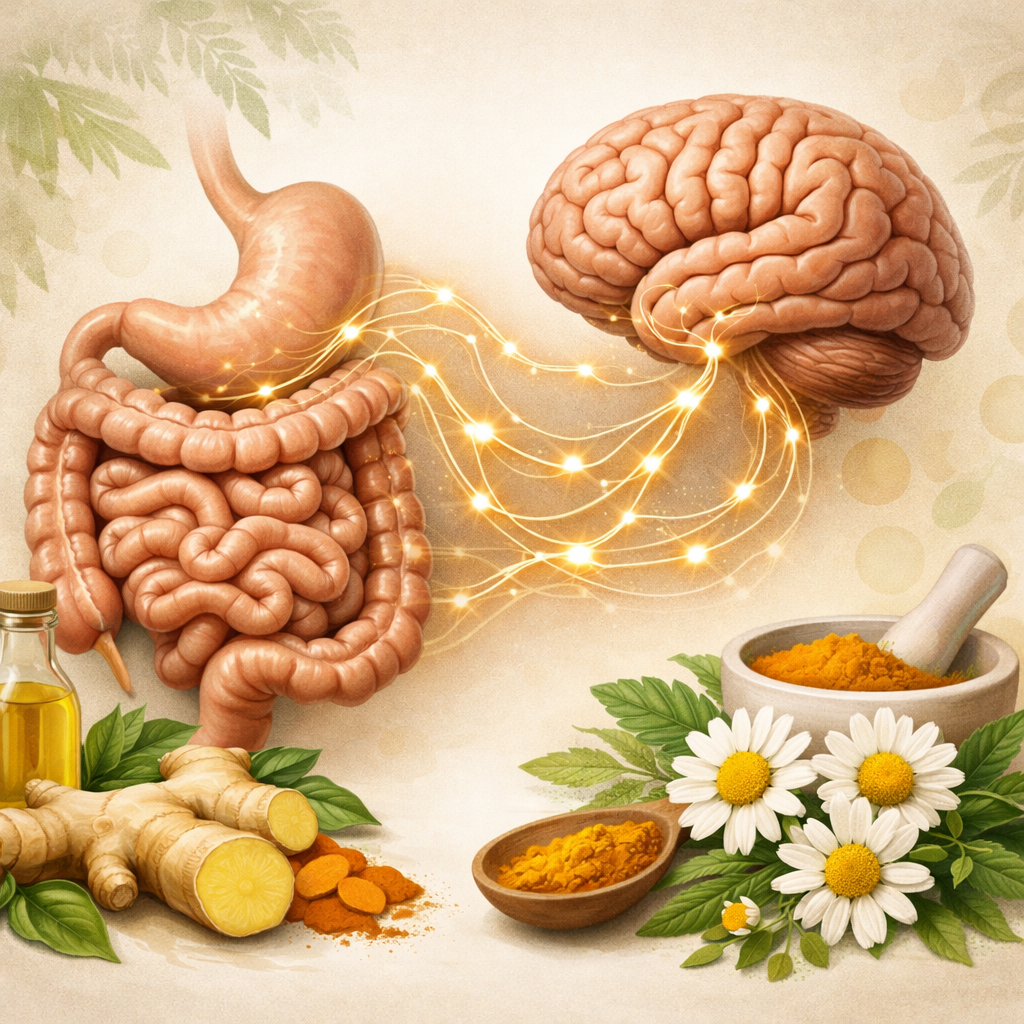 An image of the Gut-Brain link and botanicals that boost it 