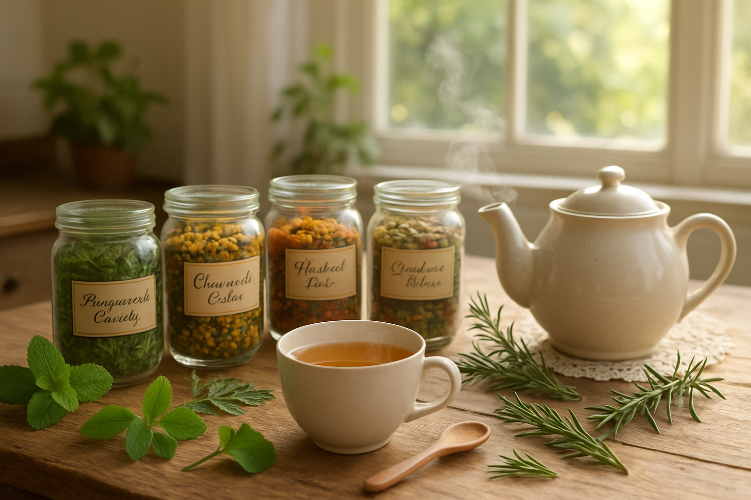 Steaming cup of herbal tea on wooden table with jars of fresh herbs including peppermint, rosemary, and other botanicals for mental clarity