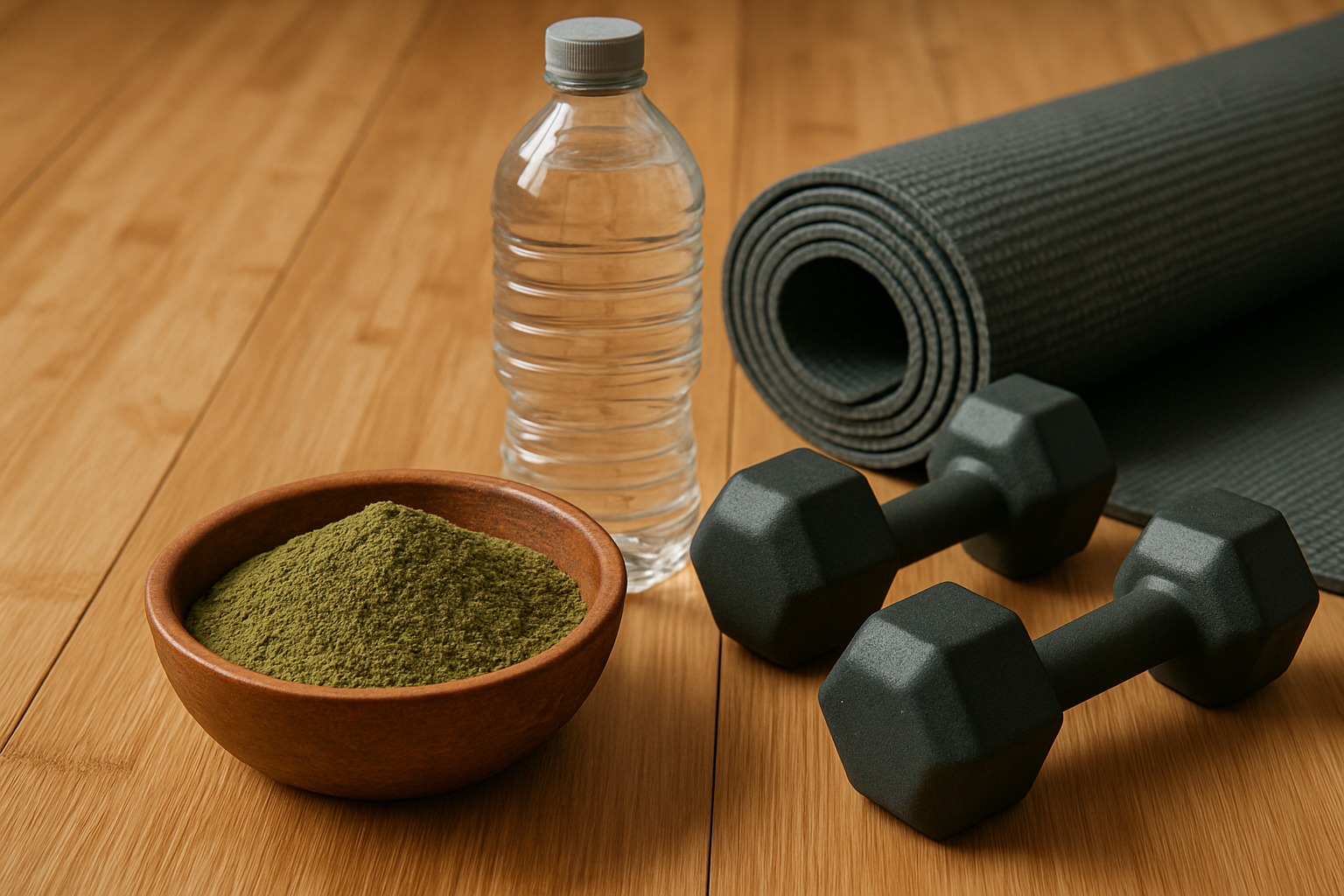 Fitness recovery setup with kratom Mitragyna speciosa powder in wooden bowl, dumbbells, water bottle, and rolled yoga mat on gym floor for post-workout botanical wellness
