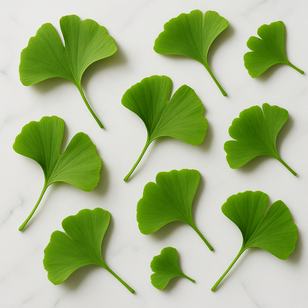 Fresh ginkgo biloba leaves arranged on white marble surface