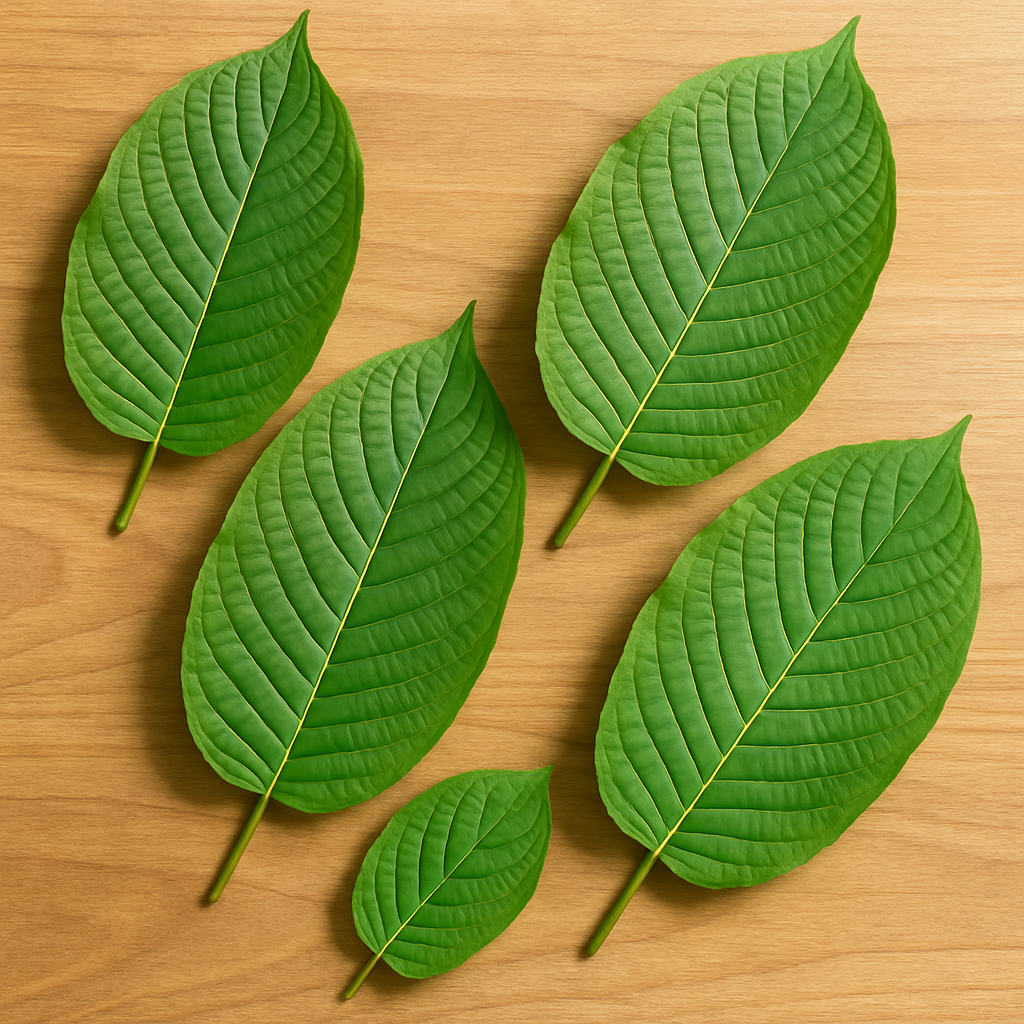 Fresh green kratom Mitragyna speciosa leaves arranged on natural wooden surface for educational botanical wellness article