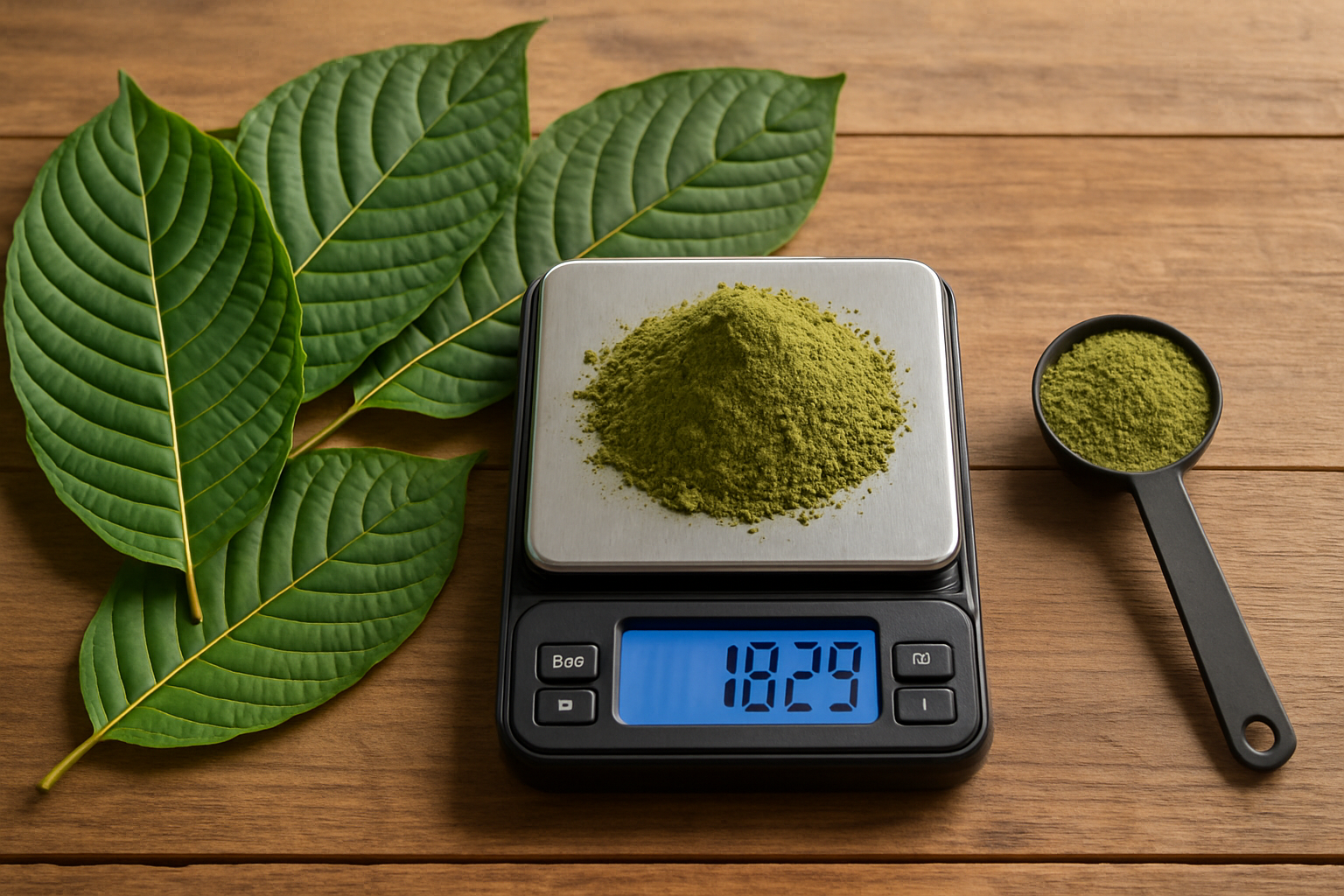 Kratom powder measured on digital scale with fresh kratom leaves and measuring spoon on wooden table for dosing guide