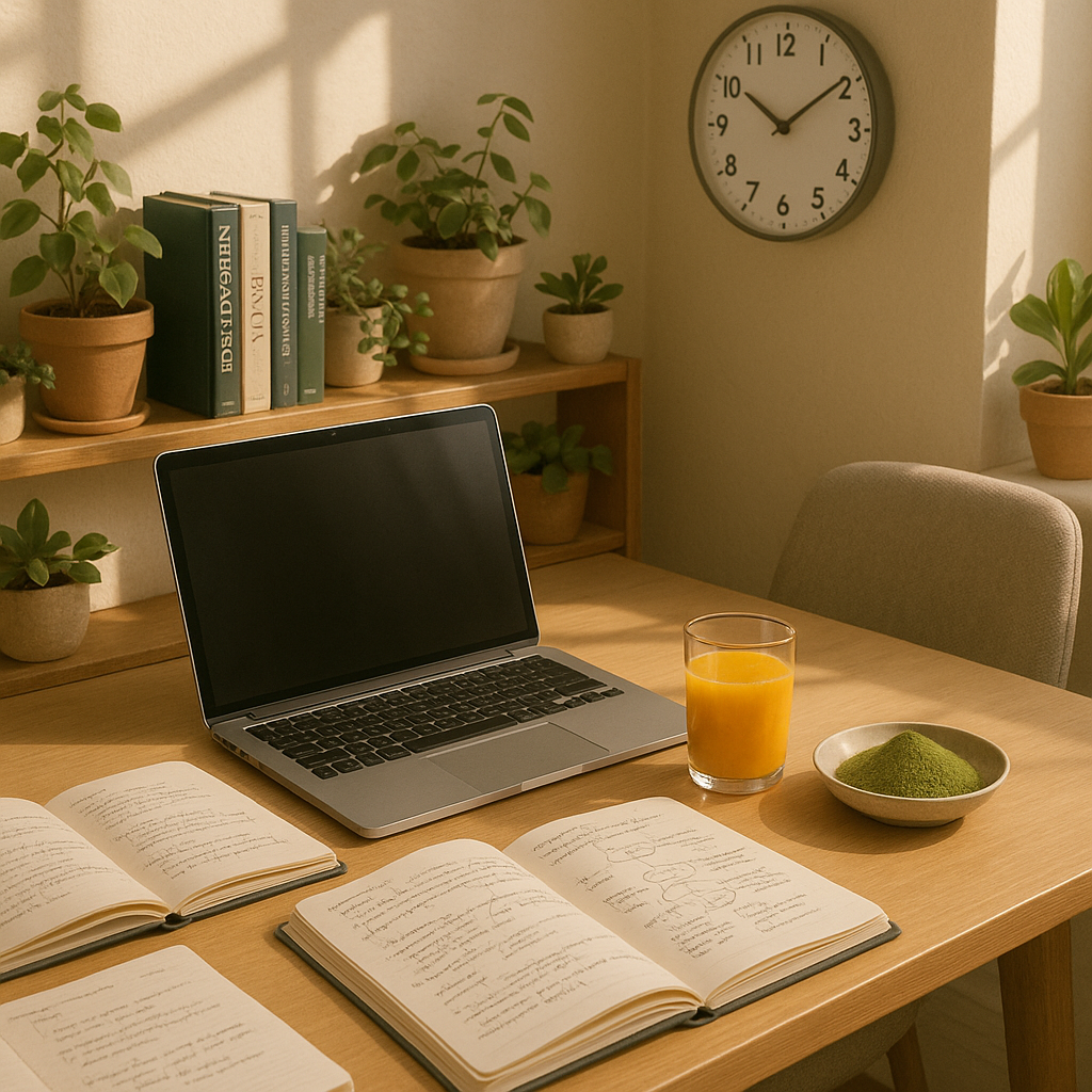 A laptop workstation bathed in morning light with a waiting bowl of kratom powder and a glass of OJ