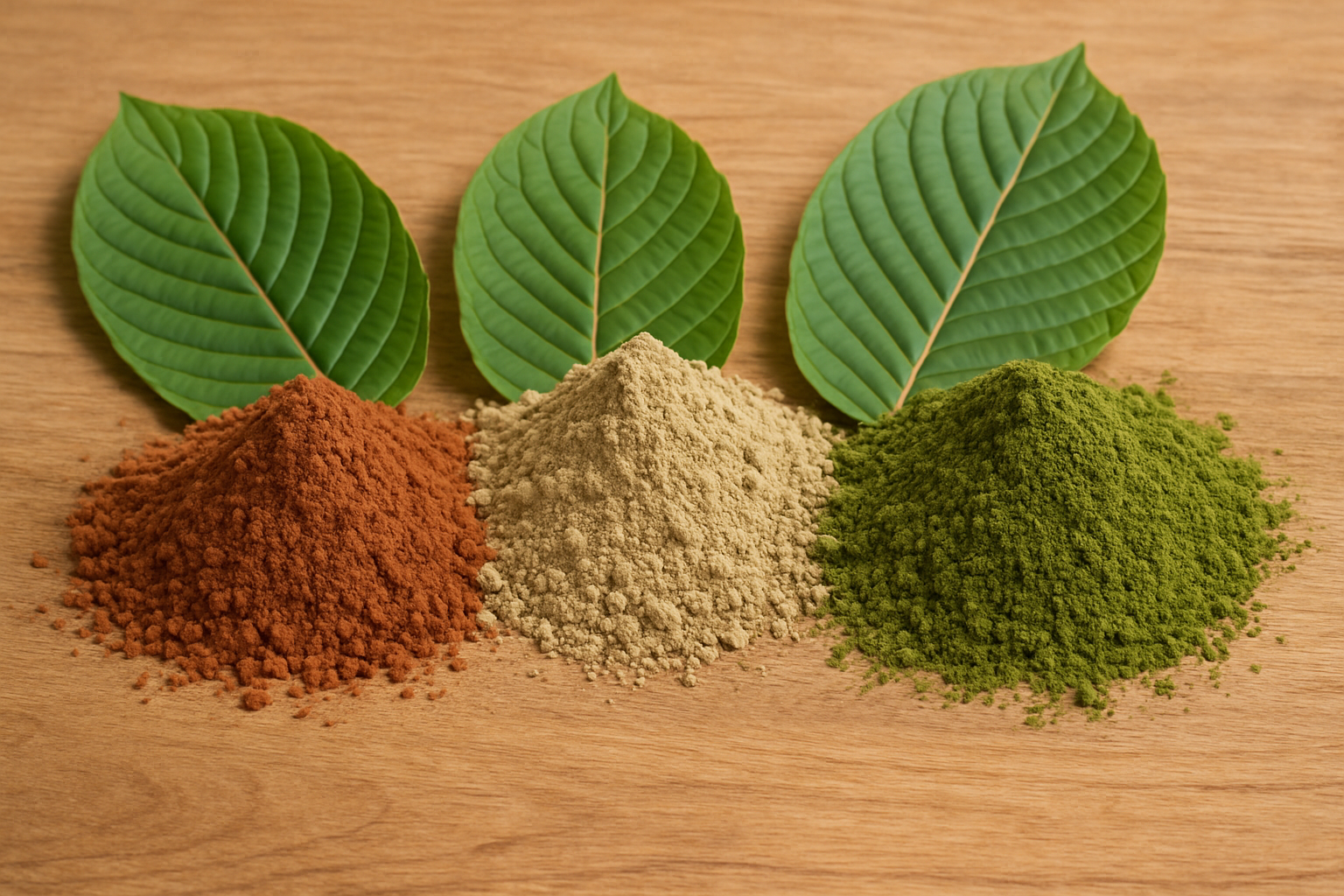 Three distinct piles of kratom powder showing red vein, white vein, and green vein varieties with fresh Mitragyna speciosa leaves on wooden surface for botanical wellness education